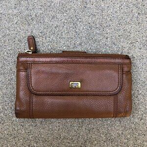 FOSSIL Emma Saddle Wallet Bifold Brown Leather Zipper Clutch